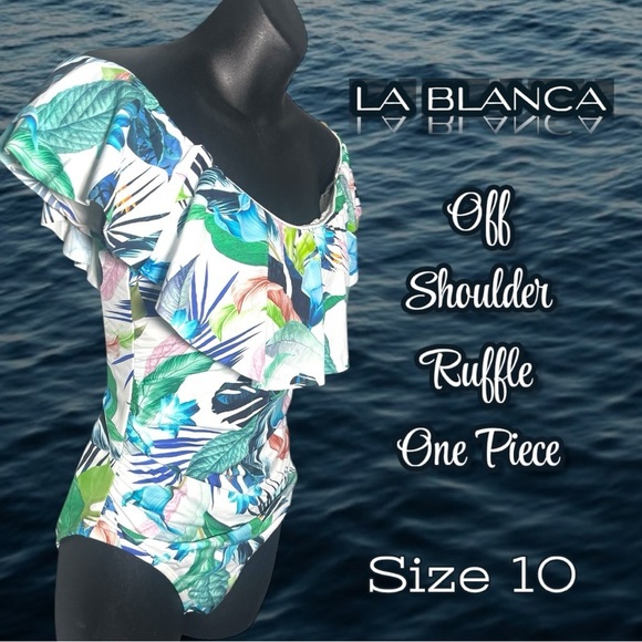 La Blanca Tropical Floral Off Shoulder Swimsuit LBOPA11 Size 10 White Blue NWT - Picture 1 of 16